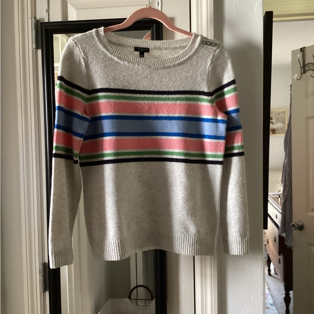 Talbots Petite Striped Crewneck Sweater Multicolor Cotton Blend Size SP